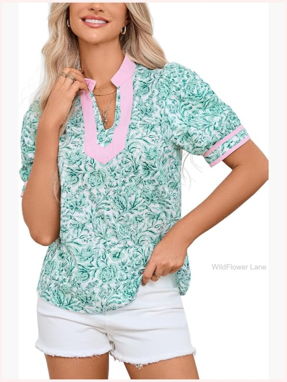 Floral Print Short Puff Sleeve V Neck Patchwork Blouse Top